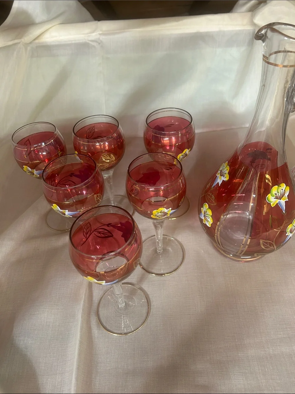 Vintage Hand Painted Glass decanter and Glasses